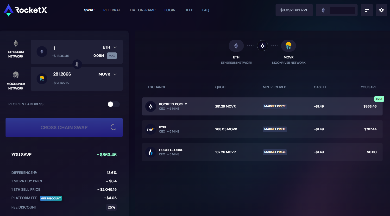ETH to MOVR swap Deep liquidity of CEXs for ETH to MOVR swap on RocketX
