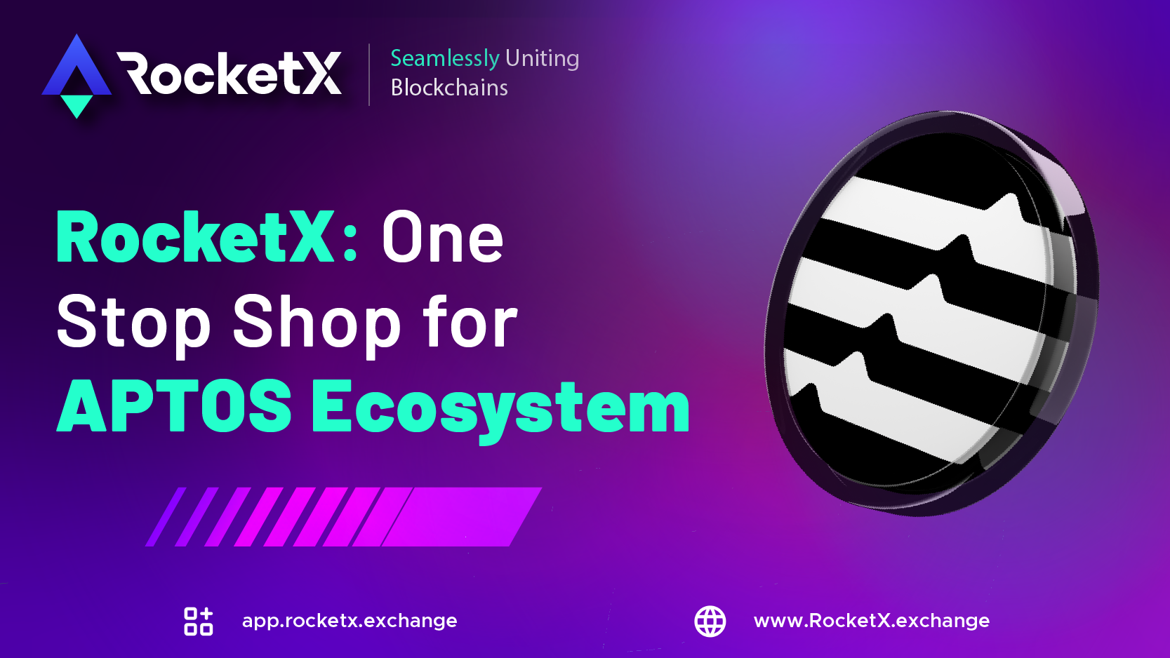 "RocketX: Comprehensive Platform for the Aptos Ecosystem" "RocketX: One Stop Shop for Aptos Ecosystem – logo with a stylized coin against a gradient purple background."