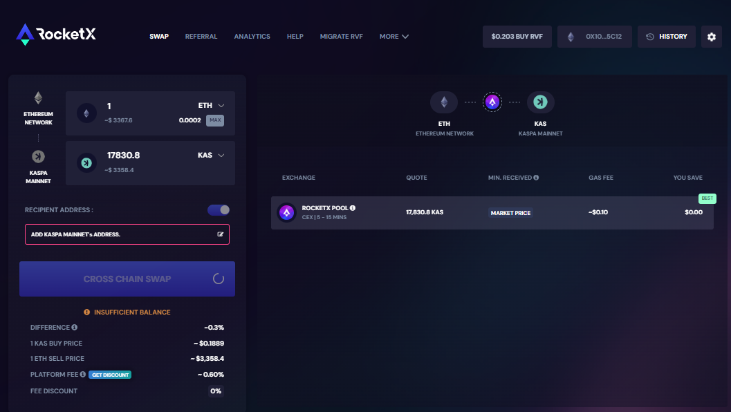 Convert ETH to Kaspa (KAS) on RocketX: Fast and Secure Swaps RocketX interface showing ETH to Kaspa (KAS) swap process with transaction details and conversion rates.