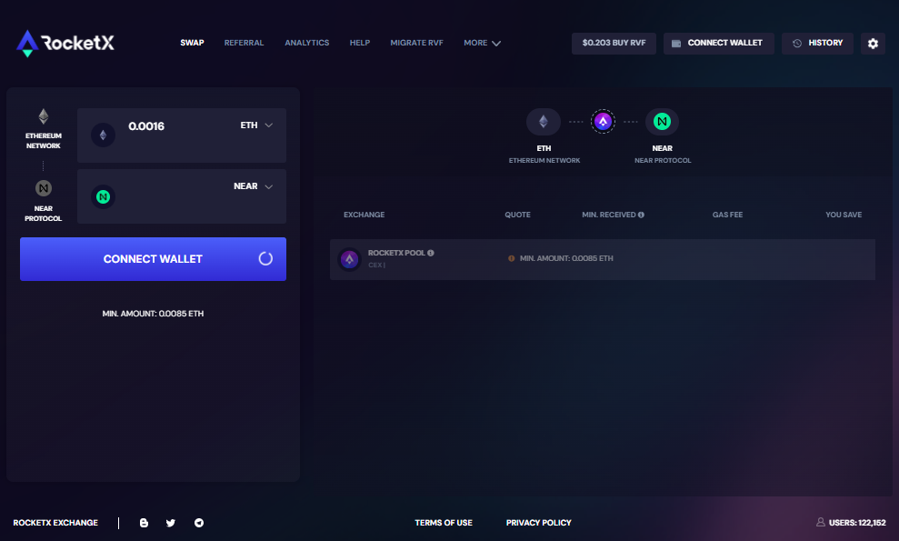 "Effortlessly Swap ETH to NEAR on RocketX Exchange - Fast and Secure" "RocketX Exchange interface for converting Ethereum (ETH) to NEAR Protocol tokens, showing the swap functionality, connection options, and transaction details."