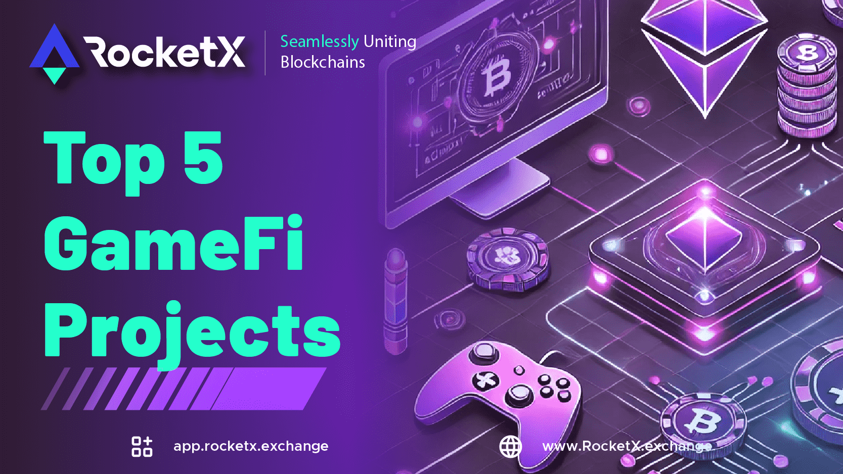 Top 5 GameFi Projects RocketX Top 5 GameFi Projects: Seamlessly Uniting Blockchains - Featuring gaming consoles, cryptocurrency icons, and digital assets