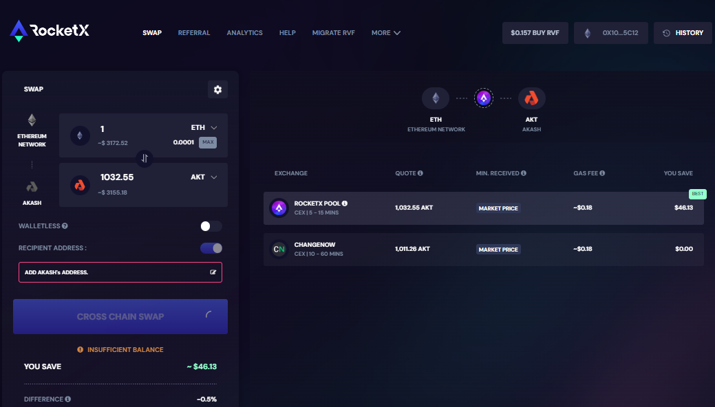 Converting ETH to AKT on RocketX RocketX interface showing the process of swapping 1 ETH to 1032.55 AKT, including details such as recipient address input, exchange options, and transaction cost.