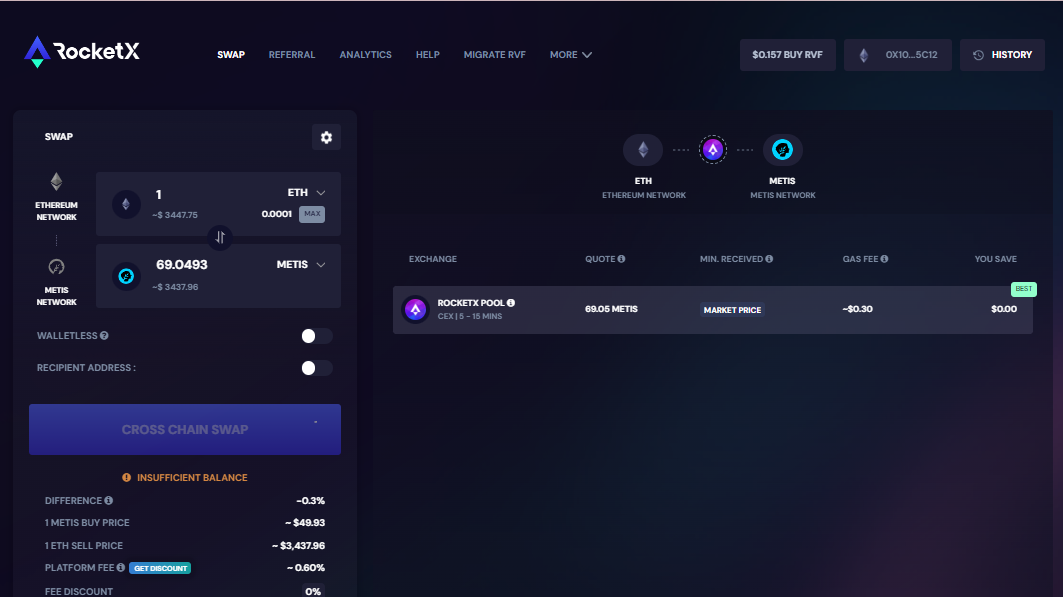 RocketX Swap Interface: Exchanging 1 ETH to METIS RocketX swap interface showing the process of exchanging 1 ETH to approximately 69 METIS, including details such as price, platform fee, and exchange options.