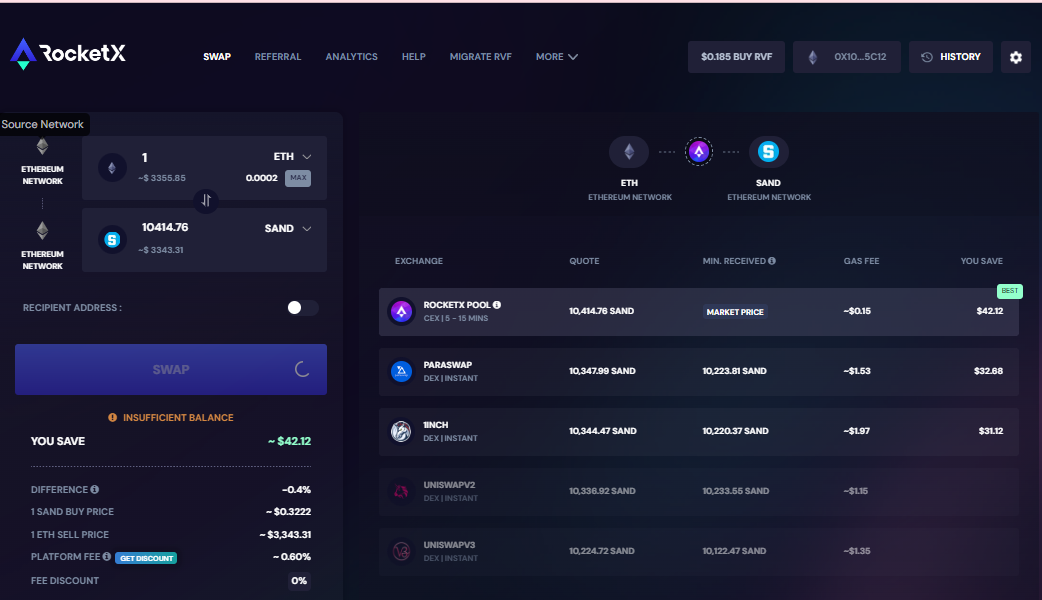 RocketX Exchange: Swap ETH to SAND Interface RocketX Exchange Interface for Swapping ETH to SAND