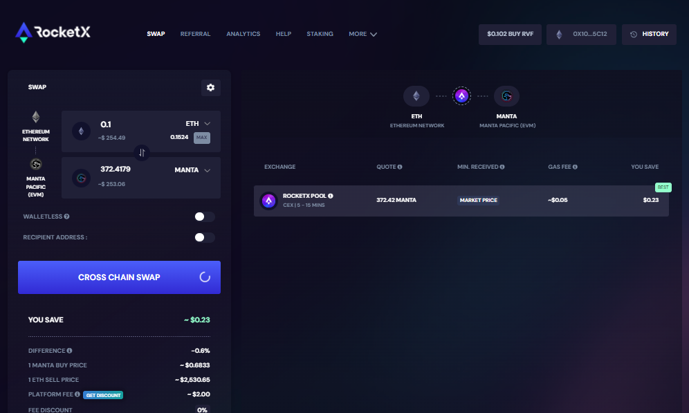 Cross-Chain Swap from ETH to Manta on RocketX Screenshot of the RocketX platform showing the interface for swapping Ethereum (ETH) to Manta Pacific (EVM) using a cross-chain swap.